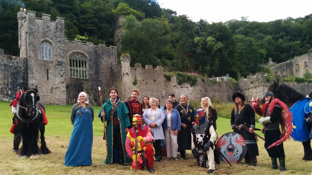 Mayor and performers in front of Gwrych Castle, Abergele