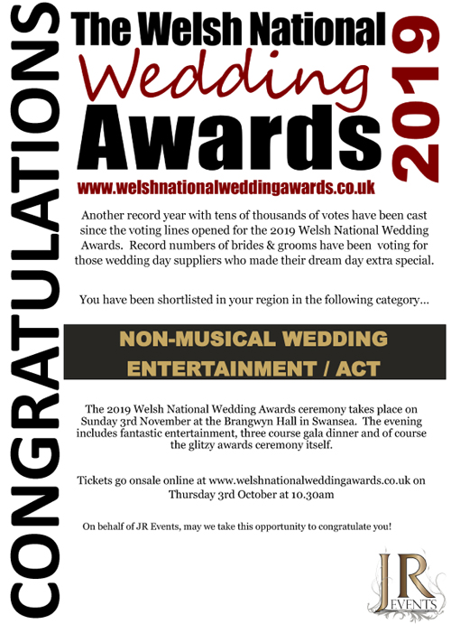 Welsh National Wedding Awards 2019 - shortlisted in non-musical wedding entertainment/act