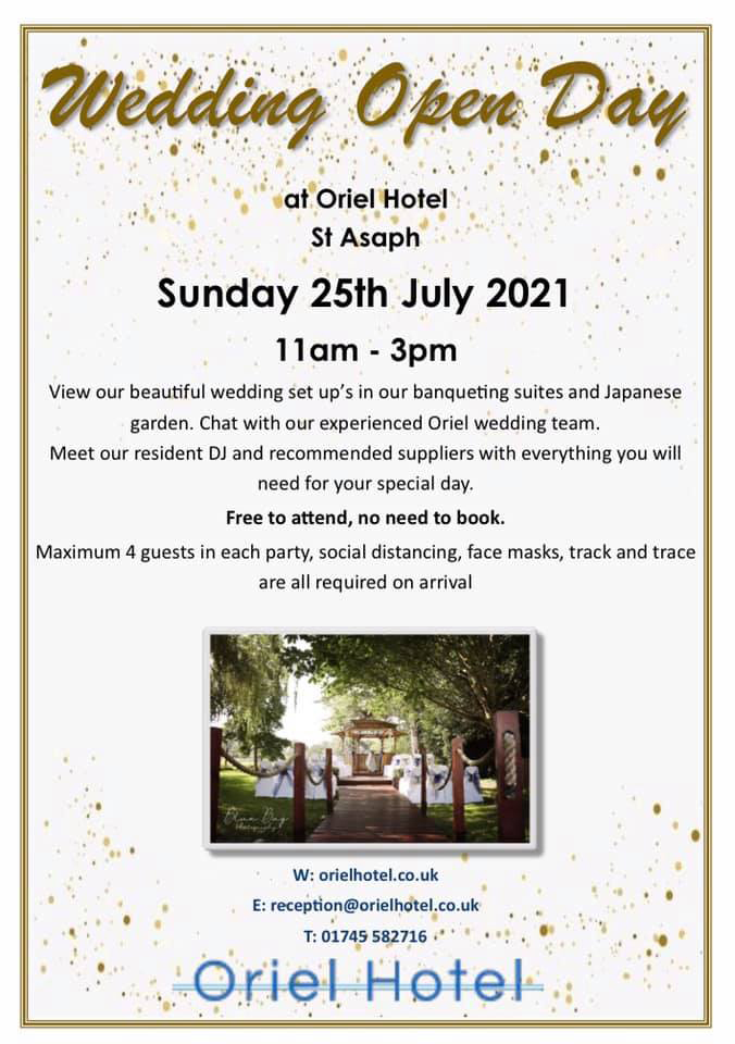 Oriel Hotel Wedding Open Day, Saturday 25th July 11am to 3pm