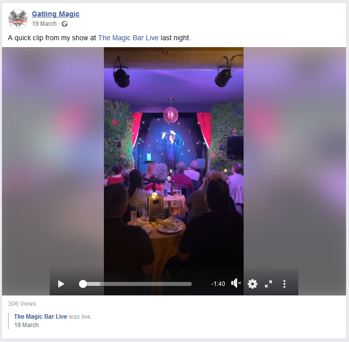 A screenshot of a Facebook post. It reads "A quick clip from my show at The Magic Bar Live last night". The image below the text is a still from a video, showing a magician performing the linking rings in front of a full room.