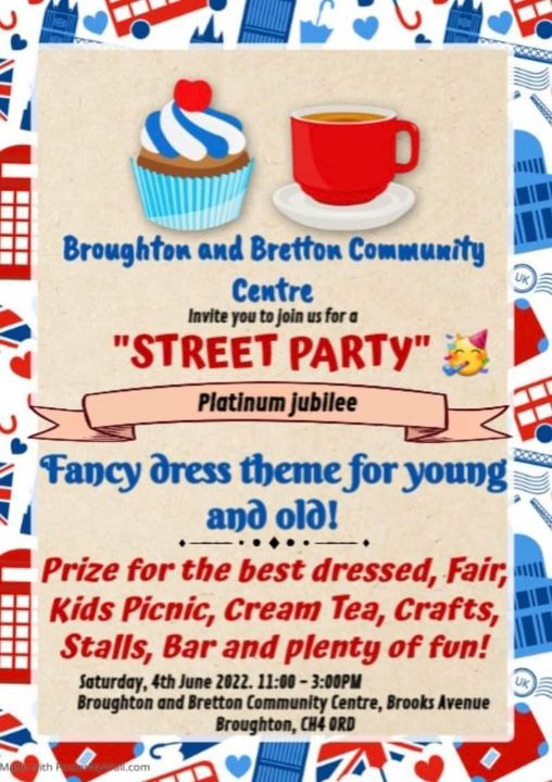 A poster. The text reads "Broughton and Bretton Community Centre invite you to join us for a street party".