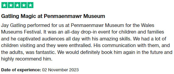 Image shows the text of a review titled "Gatling Magic at Penmaenmawr Museum"