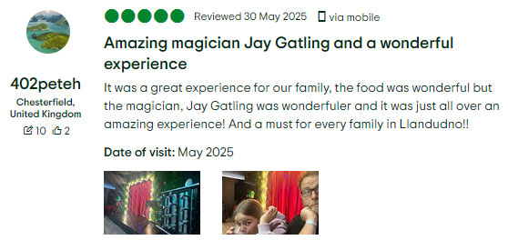 Screenshot of a review praising "amazing magician Jay Gatling"