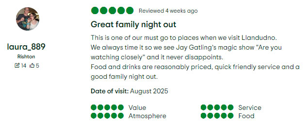 Screenshot of a TripAdvisor review "Are You Watching Closely never disappoints"