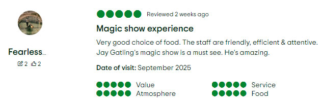 Screenshot of a TripAdvisor review "Jay Gatling's magic show is a must see"