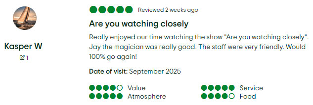 Screenshot of a TripAdvisor review "really enjoyed our time watching the show"
