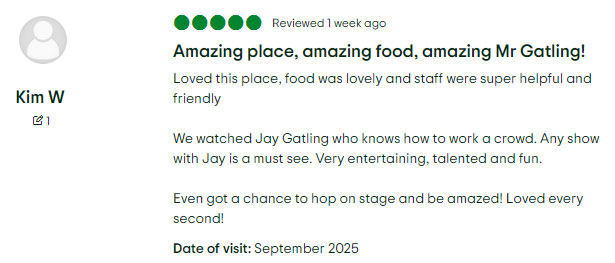 Screenshot of a TripAdvisor review "amazing Mr Gatling!"