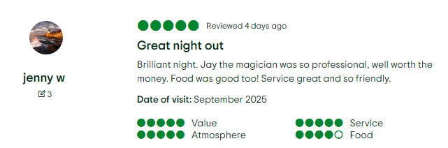 Screenshot of a TripAdvisor review "brilliant night"