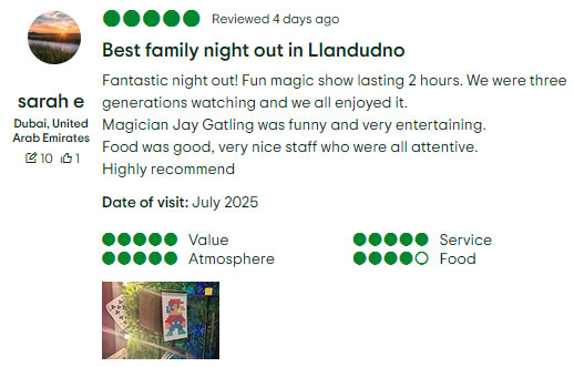 Screenshot of a review on Tripadvisor for Jay Gatling's show