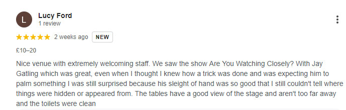 Screenshot of a Google review "his sleight of hand was so good"