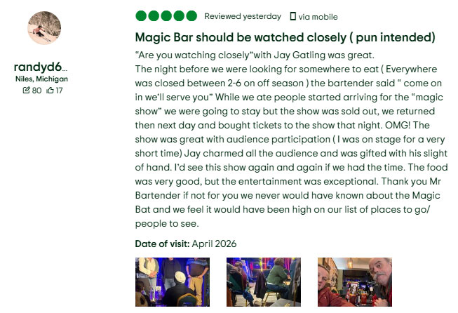 Screenshot of a TripAdvisor review "Jay charmed all the audience"