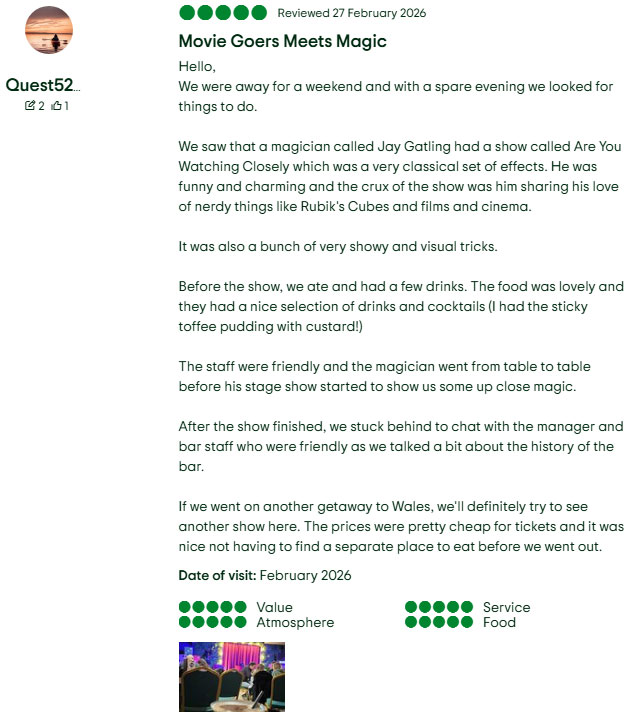 Screenshot of a TripAdvisor review "funny and charming"