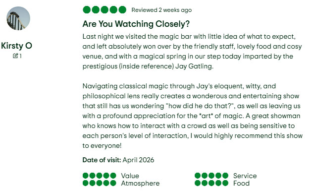 Screenshot of a TripAdvisor review "eloquent, witty and philosophical"